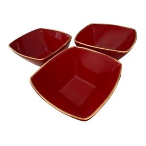 Crate&Barrel red gold ceramic square dinnerware bowls Set of 3